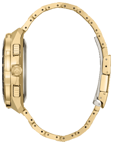 Zijprofiel van de Citizen Promaster Skyhawk A-T JY8144-50E, met zijn grote goudkleurige roestvrijstalen kast, kroon en geïntegreerde armband.
