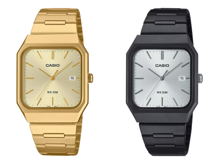 Van links naar rechts: de Casio MTP-B185B-7AV en MTP-B185G-9AV horloges