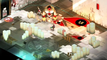 Een afbeelding van een gevecht in Transistor.