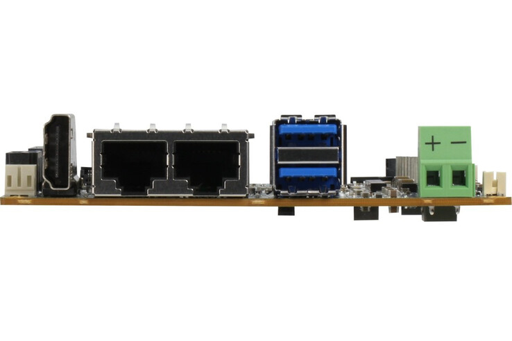 De Aaeon PICO-ARU4 SBC heeft een behoorlijke reeks poorten gezien zijn grootte, inclusief dubbele LAN-poorten. (Afbeeldingsbron: Aaeon)