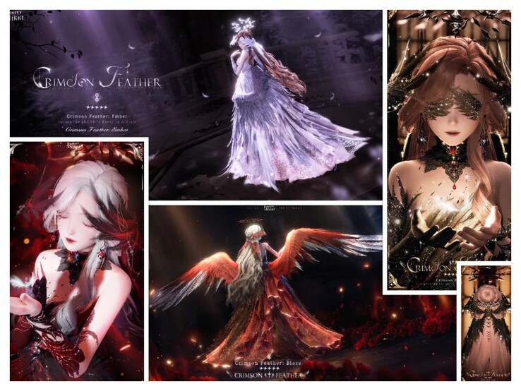 De Crimson Feather outfit heeft een erg gothic stijl, ook al kan hij in een witte versie veranderd worden. (Bron: Infinity Nikki via Reddit)