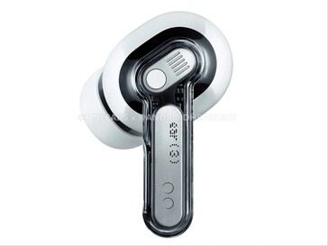 Uitgelekte marketingafbeelding met close-up van Nothing Ear (3) oordopjes in het wit. (Afbeeldingsbron: Android Headlines)