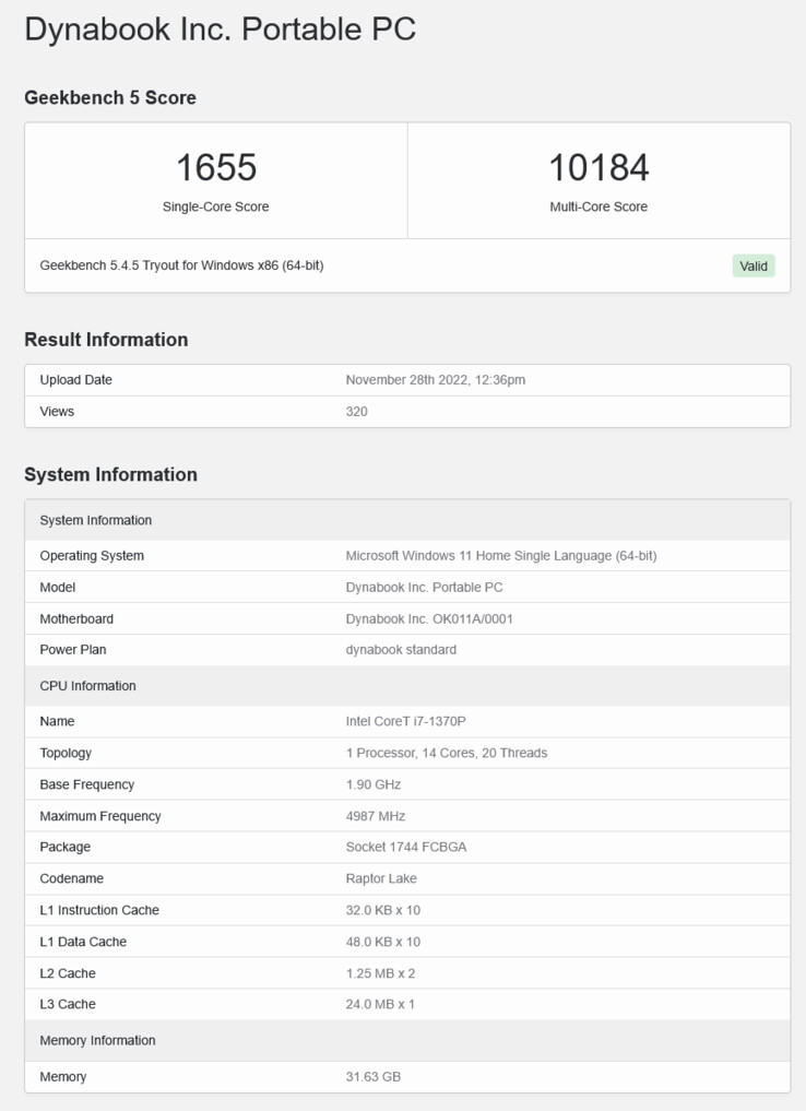 Intel Raptor Lake Core i7-1370P in een Dynabook laptop. (Bron: Geekbench)