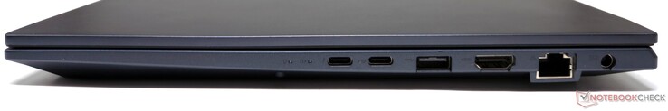 Rechts: Thunderbolt 4, USB 3.2 Gen2 Type-C (DisplayPort/Power Delivery), USB 3.2 Gen1 Type-A, HDMI 2.1-uit, RJ-45, DC-in