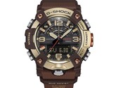 Close-up van de G-Shock Mudmaster GG-B100XMH-5A, waarbij de lichtgeelgouden en bruine kast en lunette goed tot hun recht komen.