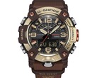 Close-up van de G-Shock Mudmaster GG-B100XMH-5A, waarbij de lichtgeelgouden en bruine kast en lunette goed tot hun recht komen.