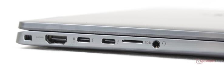 Links: wiggleuf, HDMI 2.0, 2x USB-C w Thunderbolt 4 + DisplayPort + Power Delivery, MicroSD-lezer, 3,5 mm audio-aansluiting