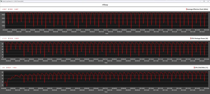 CPU gegevens tijdens de Cinebench R15 loop