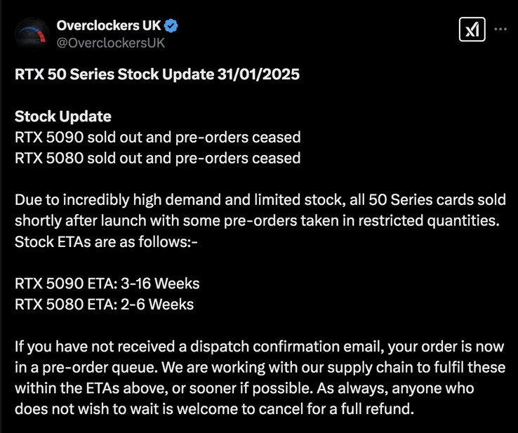 Britse gamers zullen nog even moeten wachten voordat ze een nieuwe GeForce RTX 50 GPU kunnen scoren. (Afbeeldingsbron: Overclockers UK)
