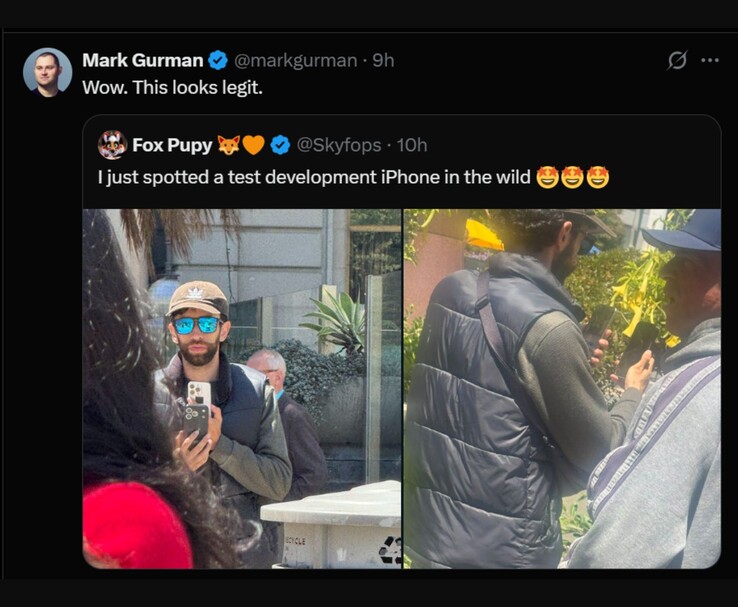 Mark Gurman reageert op een vermeend iPhone 17 Pro prototype dat in het openbaar is gespot, oorspronkelijk gepost door @Skyfops op X (voorheen Twitter). De afbeelding toont een man die een testtoestel met een unieke behuizing vasthoudt, terwijl een andere persoon het zicht lijkt te blokkeren. (Afbeelding: @Skyfops / @markgurman op X)