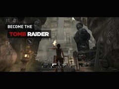 Tomb Raider-gameplay op iPhone of iPad toont Lara Croft die tempelruïnes verkent met zichtbare aanraakbediening op het scherm