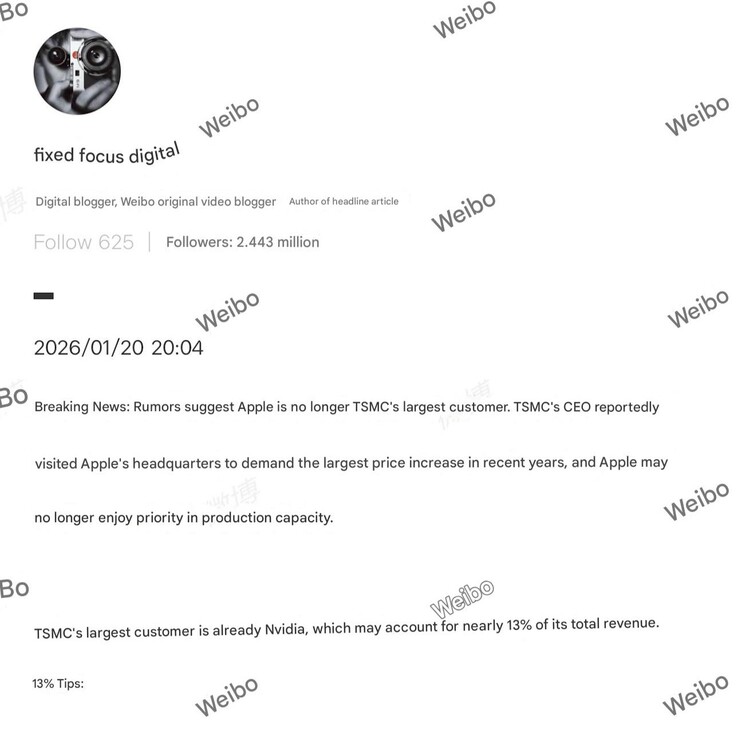 Apple is niet langer TSMC's grootste klant en krijgt mogelijk geen voorrang meer. (afbeeldingsbron: Fixed Focus Digital op Weibo)