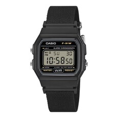 Casio F-91WF-1A digitaal horloge met een zwarte kast en een zwarte geweven stoffen band.