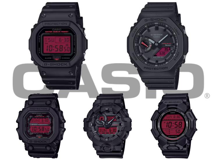 Afgebeeld, met de klok mee vanaf linksboven: de Casio DW-5600BBR-1, GA-B2100BBR-1A, GD-010BBR-1JF, GA-700BBR-1AJF en GX-56BBR-1A - de volledige originele 