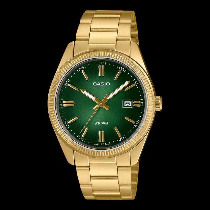 Het nieuwste, betaalbare MTP-1302PGC-3AV-dresshorloge van Casio combineert een stralend groene wijzerplaat met een geribbelde lunette
