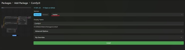Een schermafbeelding van de ComfyUI hub voor installatie in Stability Matrix, met een rode markering in het vervolgkeuzemenu voor buildselectie. (Afbeelding Bron: Windows Screen Capture)