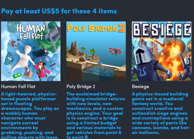 Spelposters en beschrijvingen. Als u $5 betaalt, krijgt u 4 van de 9 spellen (Afbeelding bron: Humble Bundle)
