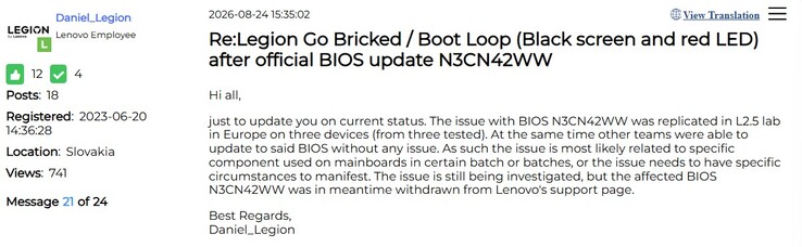 Update over problemen met het Legion Go-BIOS.