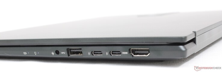 Rechts: 3,5 mm headset, USB-A 3.2 Gen. 1, 2x USB-C met Thunderbolt 4 + DisplayPort + Power Delivery, HDMI 2.0b