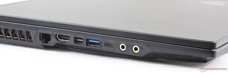 Linkerkant: Gigabit RJ-45, HDMI 2.0, mini-Displayport 1.2, USB 3.1 Gen. 2, USB 3.1 Gen.2 Type-C, 3.5 mm koptelefoon, 3.5 mm SPDIF (ESS Sabre HiFi)