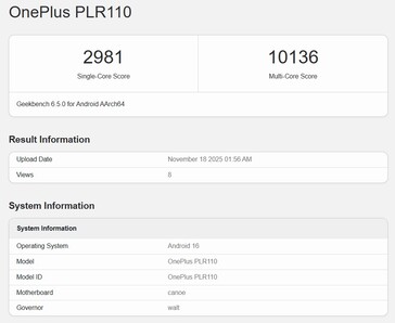 OnePlus Ace 6T op Geekbench