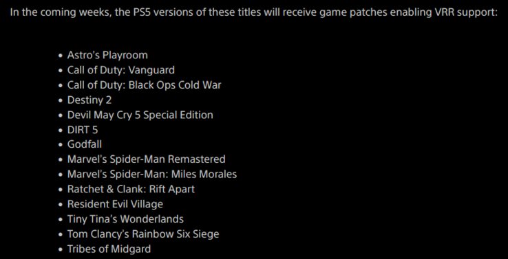 Lijst van PS5-titels die in eerste instantie VRR-ondersteuning krijgen (afbeelding via Sony)