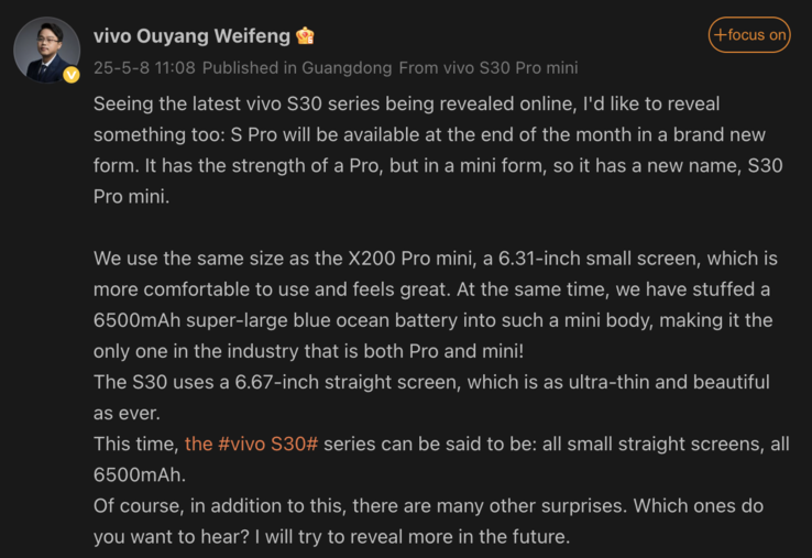 Officiële details van de Vivo S30-serie. (Afbeeldingsbron: Weibo - machine vertaald)