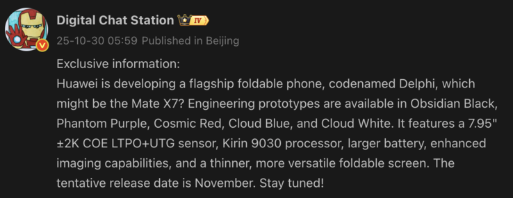 Lek onthult details van potentiële Huawei Mate X7. (Afb. bron: Weibo - machine vertaald)