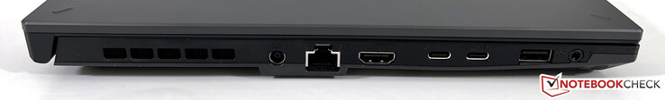 links: voeding, ethernet, HDMI 2.1 FRL, USB-C 4.0 (40 GBit/s, DisplayPort, Power Delivery), USB-C 3.2 Gen.2 (10 GBit/s, Power Delivery, DisplayPort, G-Sync), USB-A 3.2 Gen.1 (5 GBit/s), 3,5 hoofdtelefoonaansluiting