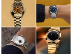 Van linksboven naar linksonder, met de klok mee (afgebeeld), hebben we de Q Timex 1972 Time Machine heruitgave met een bruine wijzerplaat, dezelfde heruitgave met een blauwe wijzerplaat, de Q Timex 1975 Enigma heruitgave, en de Timex x Peanuts Marlin Automatic. (Afbeelding bron: Timex - Bewerkt)