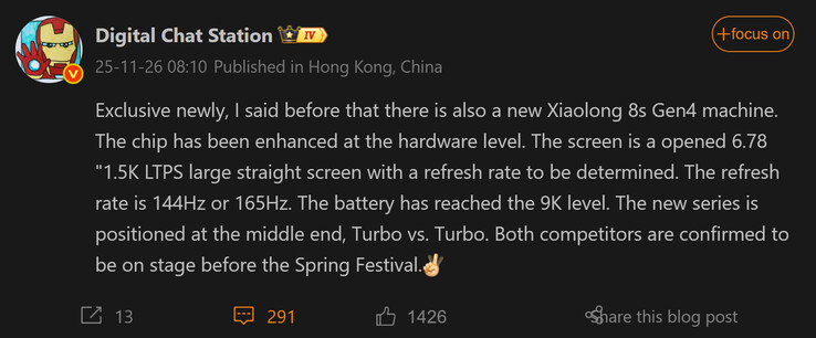 Digital Chat Station deelt meer over de Snapdragons 8s Gen 4 OnePlus-telefoon (Afbeeldingsbron: Weibo - machine vertaald)