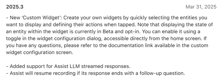 De release notes voor Home Assistant app versie 2025.3. (Afbeeldingsbron: Home Assistant)