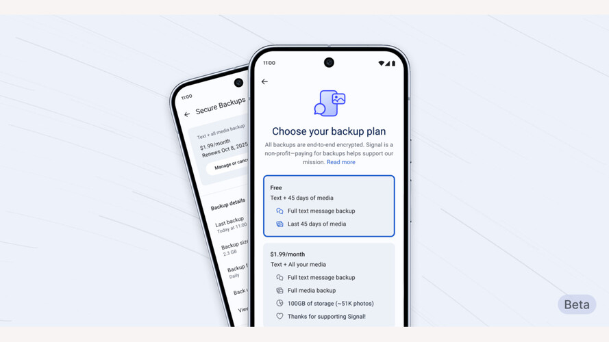 De beveiligde back-upfunctie van Signal wordt getoond op de bèta-app Android en biedt versleutelde back-ups van berichten en media met gratis en betaalde plannen. (Afbeelding Bron: Signal)
