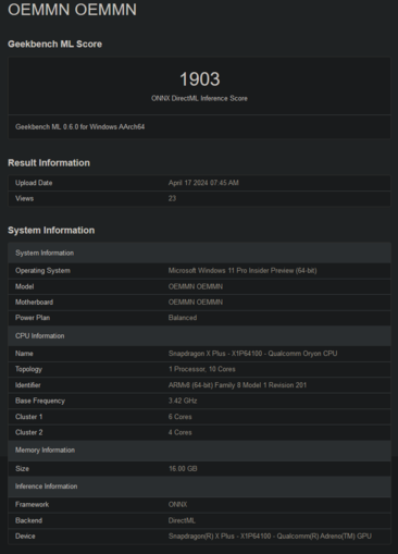 Snapdragon X Plus X1P64100 Geekbench scores (afbeelding via Geekbench)