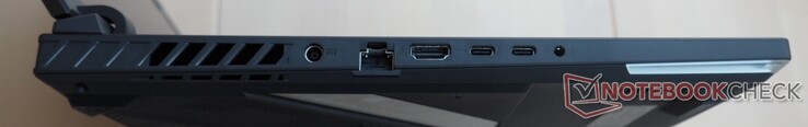 Linkerzijde: Voeding, RJ45-LAN, HDMI 2.1, Thunderbolt 4 (incl. DisplayPort), USB-C 3.2 Gen2 (incl. DisplayPort, Power Delivery, G-Sync), 3,5 mm gecombineerde audio-aansluiting.