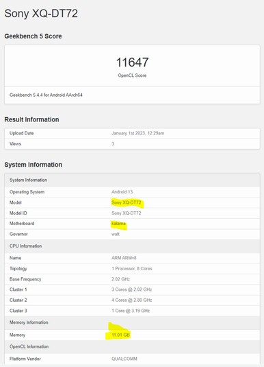 Vermeende Xperia 1 V score. (Beeldbron: via SumahoDigest)