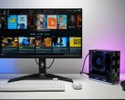 Raamwerk Desktop PC met Bazzite OS aangesloten op een monitor met een Steam gaming interface, die lijkt op een consoleopstelling. (ETA PRIME)