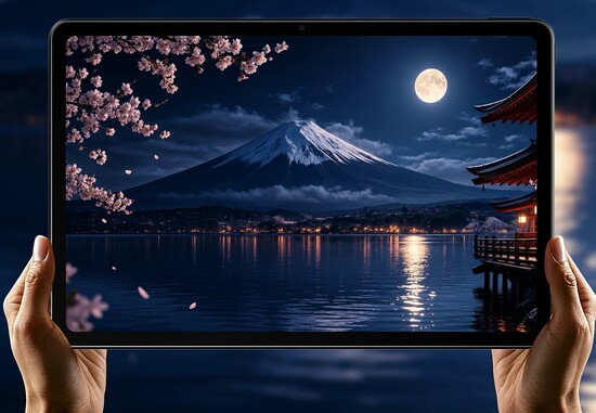Handen houden een tablet vast waarop een nachtelijk uitzicht wordt weergegeven