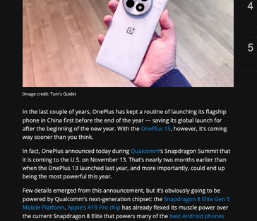 Tom's Guide meldde aanvankelijk een Amerikaanse release van 13 november voor de OnePlus 15, maar de vermelding is sindsdien uit het artikel verwijderd. (Afbeeldingsbron: Tom's Guide)