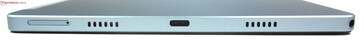 Rechts: microSD/SIM-sleuf, luidsprekers, USB-C 2.0