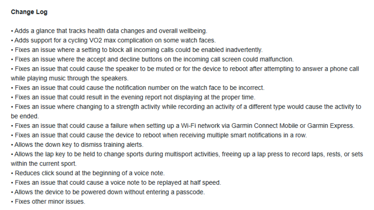 De release notes voor bètaversie 15.07 voor de Forerunner 570 en Forerunner 970 smartwatches. (Afbeelding bron: Garmin)