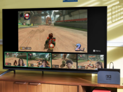 Een promotionele afbeelding van een gedockte Nintendo Switch 2 die Mario Kart World speelt (bron: Nintendo)