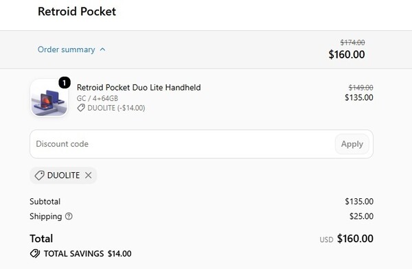 Met de kortingscode krijgt u $14 korting op de prijs van de Retroid Pocket Duo Lite.