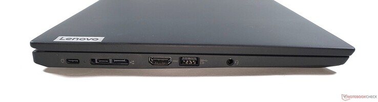 Links: 2x USB-C 3.2 Gen 2, docking/mini-ethernet, HDMI 2.0, USB-A 3.2 Gen 1, 3,5 mm audio-aansluiting