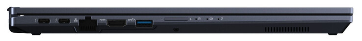 Linkerzijde: 2x Thunderbolt 4 (USB-C; Power Delivery, Displayport), Gigabit Ethernet, HDMI, USB 3.2 Gen 2 (USB-A), volumeknop