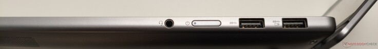 Rechterkant: audio-aansluiting, aan/uit-knop, 2x USB-A 3.0