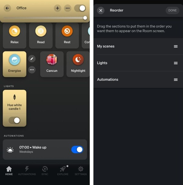 De Room View van de Philips Hue-app heeft een nieuwe sectie Automations die opnieuw kan worden gerangschikt
