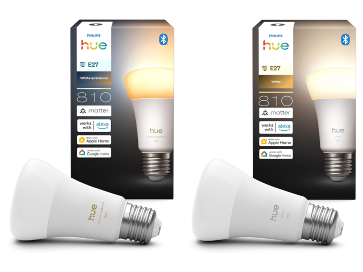 De Philips Hue A60 E27 White ambiance (links) en White (rechts) 810 slimme lampen. (Afbeeldingsbron: Philips Hue)