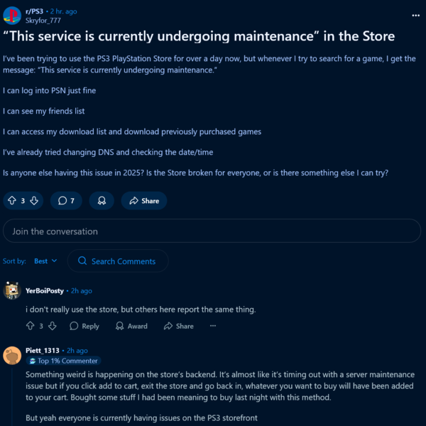 Reddit-post over uitval van de PS3 PlayStation Store (Afbeelding bron: screenshot, PlayStation 3 subreddit)