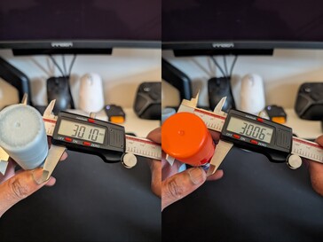 Diameter van 3D-geprinte lijmstift (links) vs. originele lijmstift (rechts)